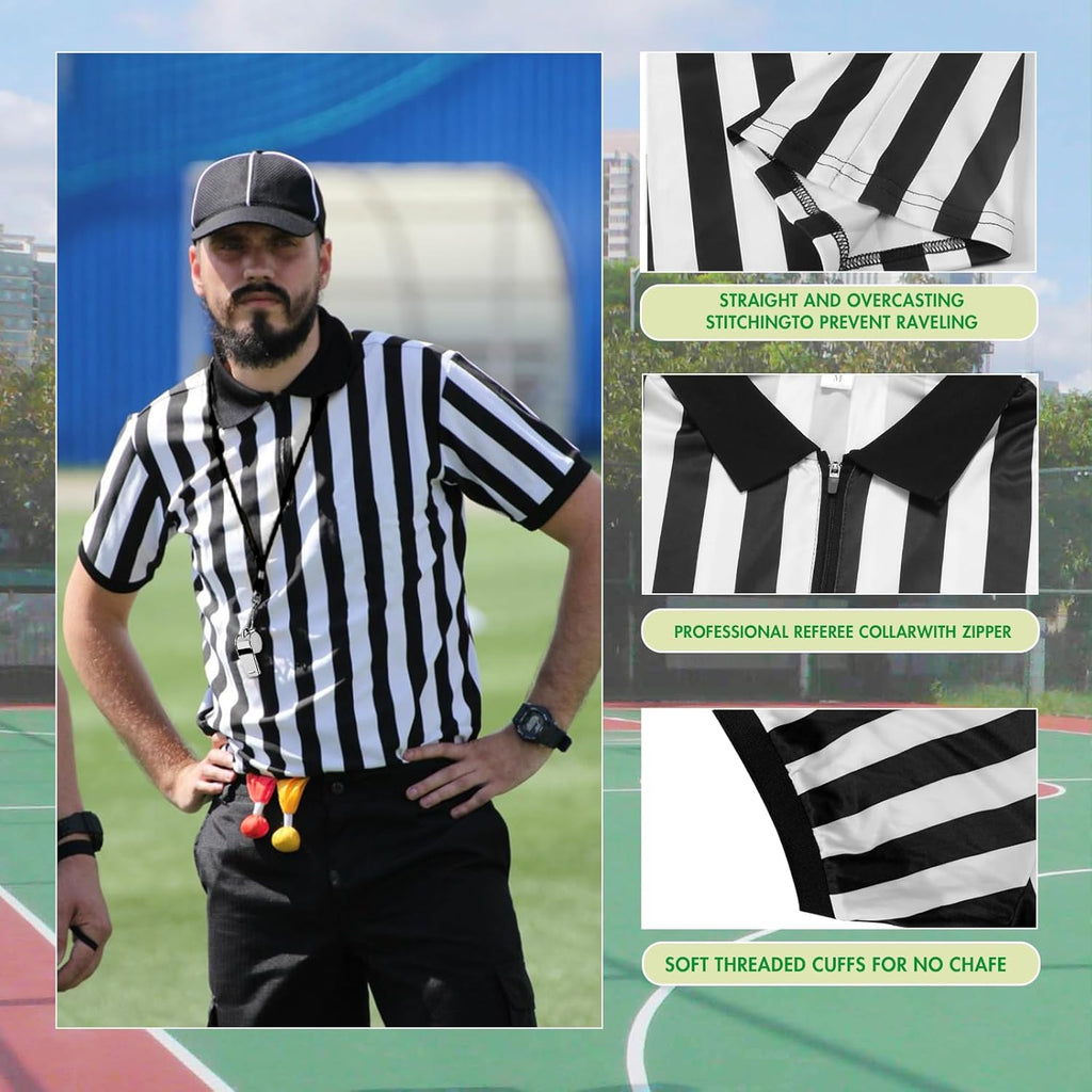 Skiennix Men's Referee Costume Set - 4 Pcs with Zipper Ref Shirt, Whistle & Penalty Flags