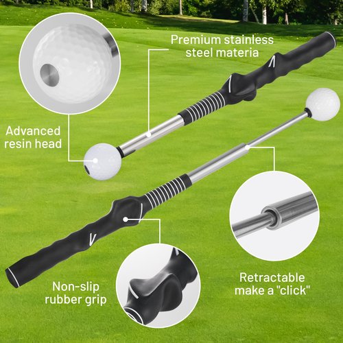 FODESAN Retractable Golf Swing Trainer, Training Aid with Grip Trainer, Swing Mechanics for Beginners & Tempo Training for Advanced, Click Feedback, Arm Connection, Right-Handed, Indoor/Outdoor