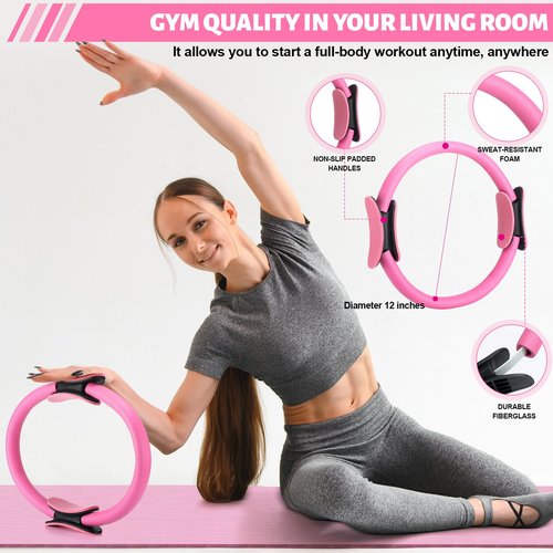RoundFunny Set of 18 Pilates Ring Essential Kit for Women Pilates Ring and Ball Ankle Resistance Band Yoga Strap Socks Mat Arm Stretcher Latex Tube Gym Back Bag Exercise Equipment for Workout(Pink)