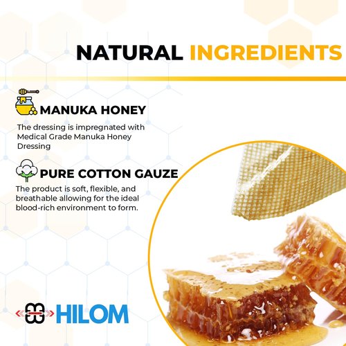 Hilom Medical Grade Manuka Honey Gauze Dressing 4 inch x 4 inch (10 Pack - Non-Adherent) |First Aid for Minor Wounds Such as Cuts or Advanced Wound Care of Bed Sores, Burns, or Lacerations