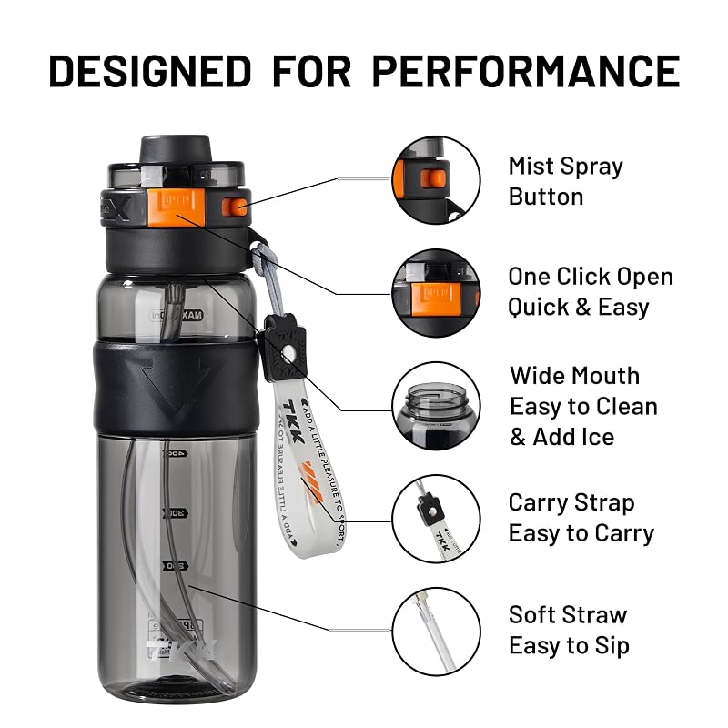 Misting Water Bottle 25oz BPA-Free Tritan with Spray Mist, Leak-Proof Flip Top, 2 Drinking Modes - Black