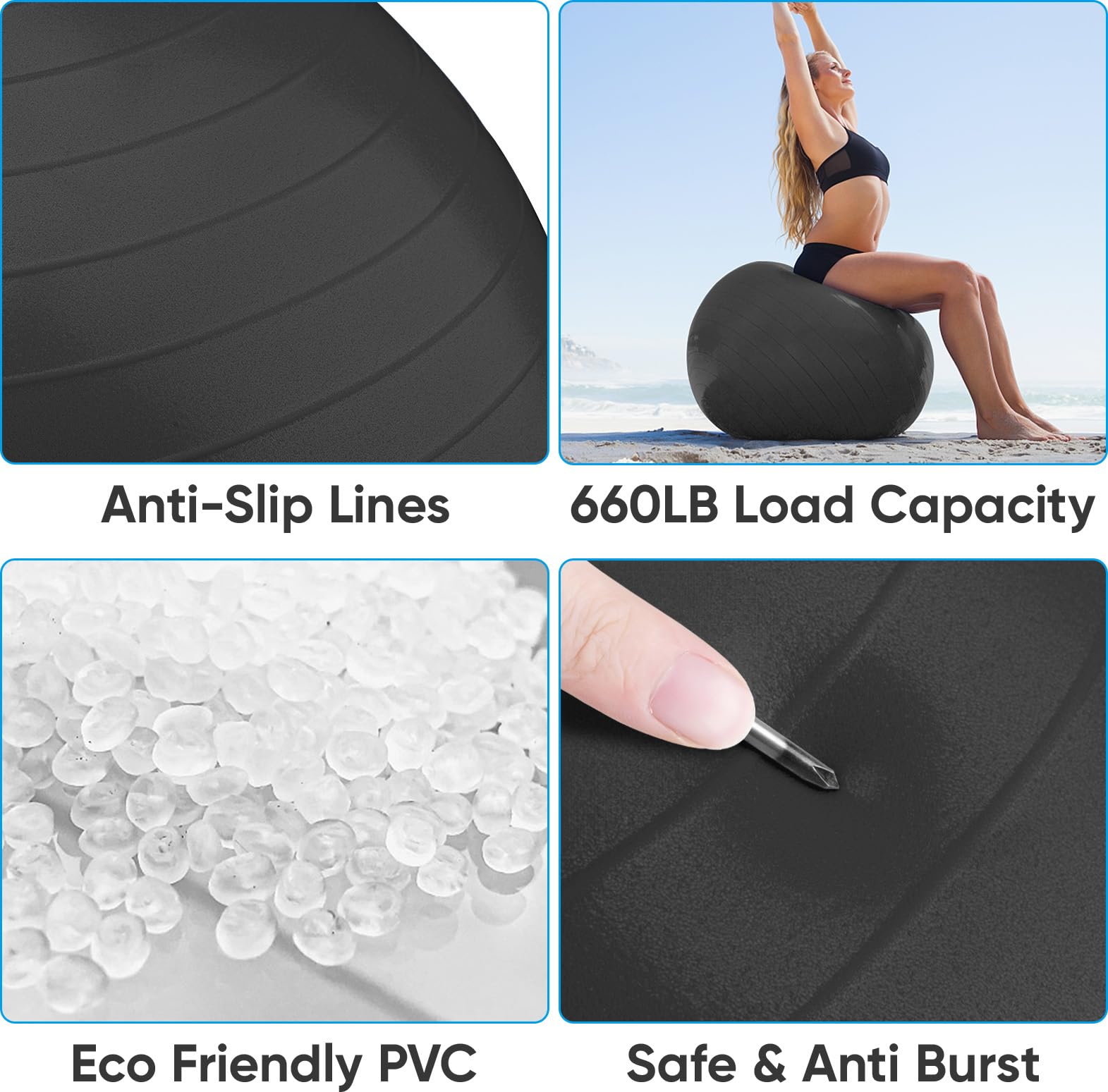 APEXUP Yoga Ball, 660 lbs Anti-Burst Exercise Ball with Pump, 5 Sizes (S (15"~18") 45cm, Black)