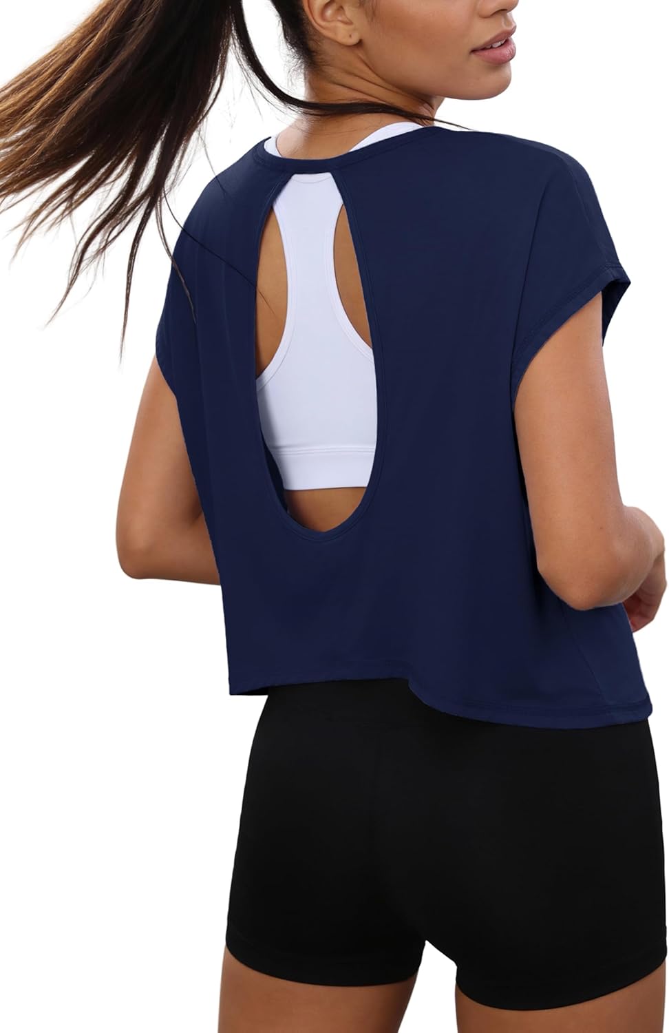 Totatuit Women's Open Back Workout Tops - Oversized Crop Gym Shirt for Running & Yoga - Short Sleeve Athletic Tee