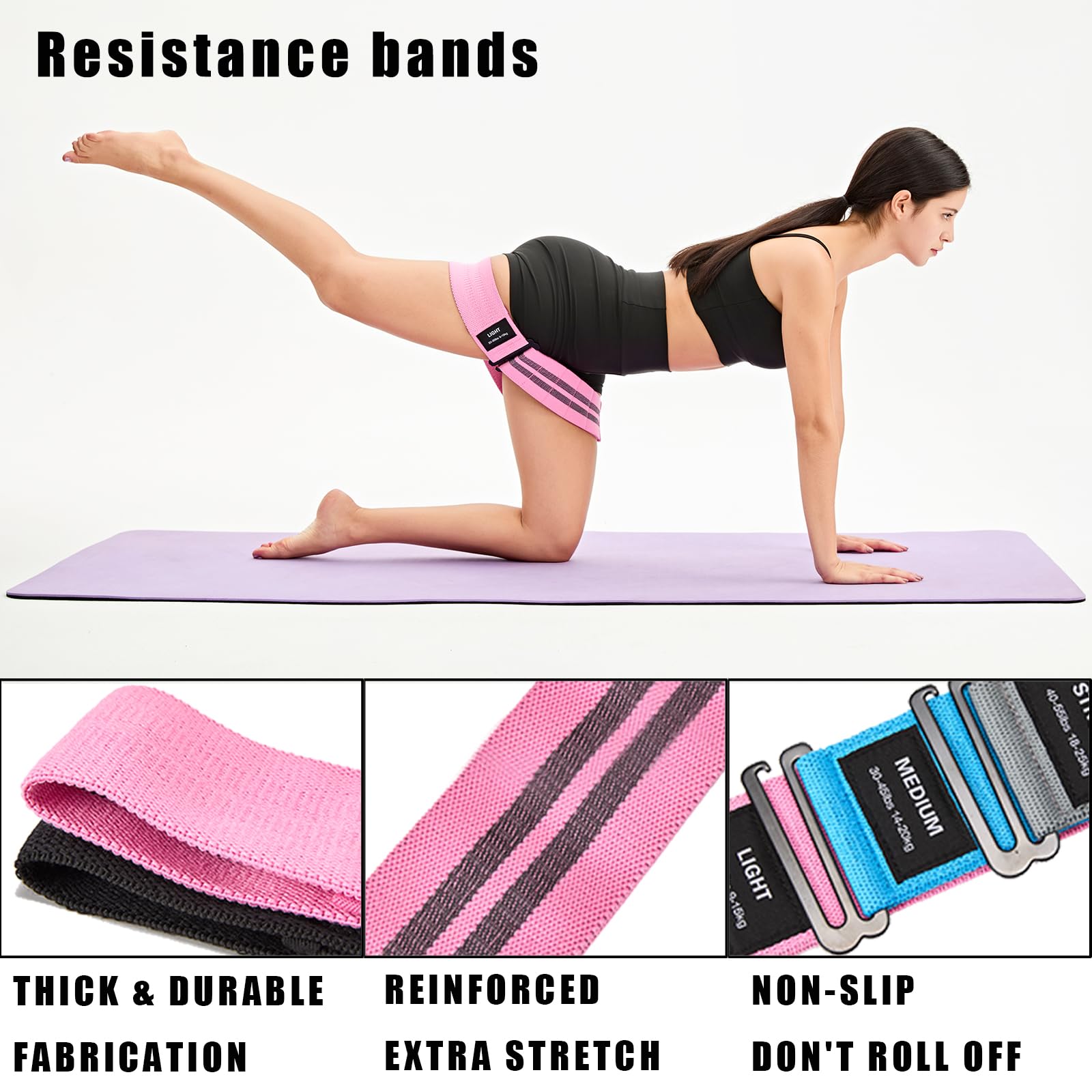 Adjustable Fabric Resistance Bands for Squats, Glutes & Legs – 5 Levels of Customizable Size, Width & Tension, Non-Slip Booty Bands for Men and Women, Pilates & Yoga Workouts RB-06(Light)