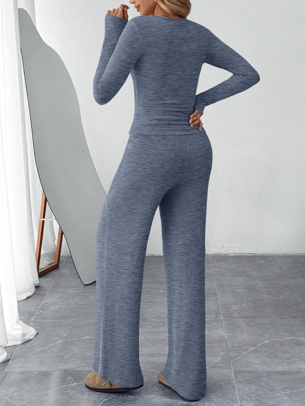 Trendy Queen Women's 2-Piece Lounge Set - Cozy Henley Neck Sweater & Wide Leg Pants Outfit