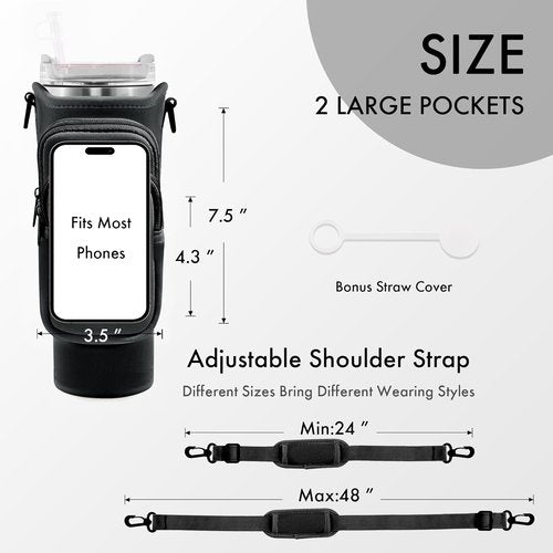JEBEALUO Water Bottle Carrier Bag - Adjustable Strap & Phone Pocket for Stanley Cup 40/30 oz
