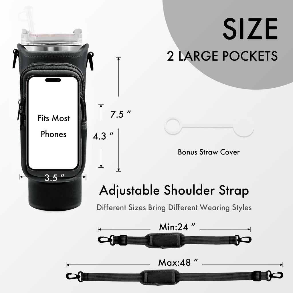 JEBEALUO Water Bottle Carrier Bag with Phone Pocket for Stanley Cup 40/30 oz, Water Bottle Holder with Adjustable Strap& Straw Cover, Stanley Cup Accessories (Black)