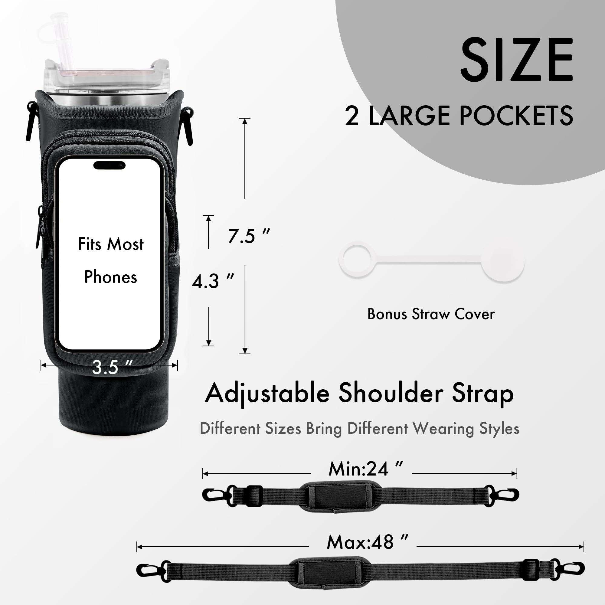 JEBEALUO Water Bottle Carrier Bag with Phone Pocket for Stanley Cup 40/30 oz, Water Bottle Holder with Adjustable Strap& Straw Cover, Stanley Cup Accessories (Black)