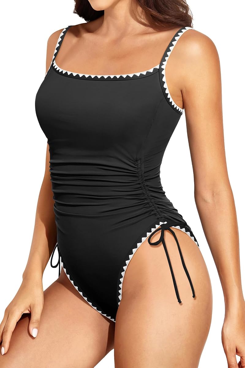 Daci Women's High Cut One Piece Swimsuit with Tummy Control - Black & White, Medium