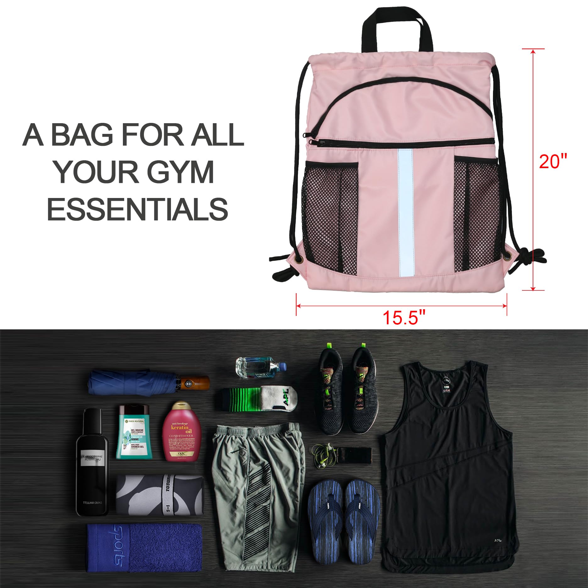 BeeGreen Pink Drawstring Backpack Bag with Shoe Compartment X-Large Gym Sports String Cinch Sackpack with Front Inside Zipper Pockets