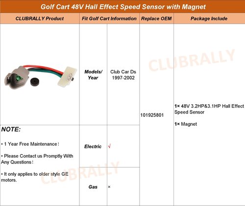 CLUBRALLY Golf Cart 48V Hall Effect Speed Sensor with Magnet for Club Car DS Electric 1997-2002 GE Motor, OEM#101925801, 1019258-01