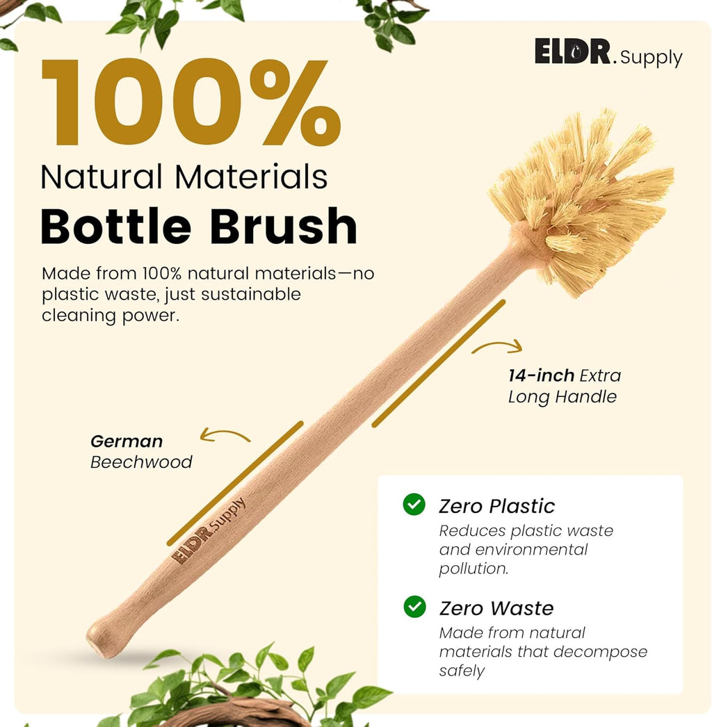 Skiennix Bottle Brush - 14-Inch Extra Long Beechwood Handle with Strong Hemp Bristles | Eco-Friendly Cleaning Tool for Wide Mouth Jars and Tumblers
