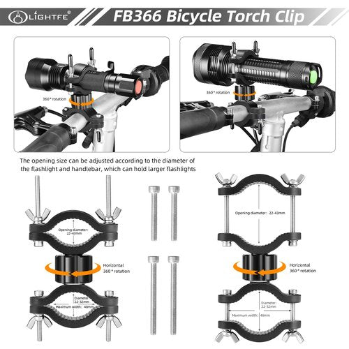 LIGHTFE Bicycle Light Mount, Bike Light Mount Bracket Use of Aluminum Alloy Material, Adjustable Big Fork Special for Big Size Hight Lumens Light, 360o Rotation Clips Holder and Battery Nuts