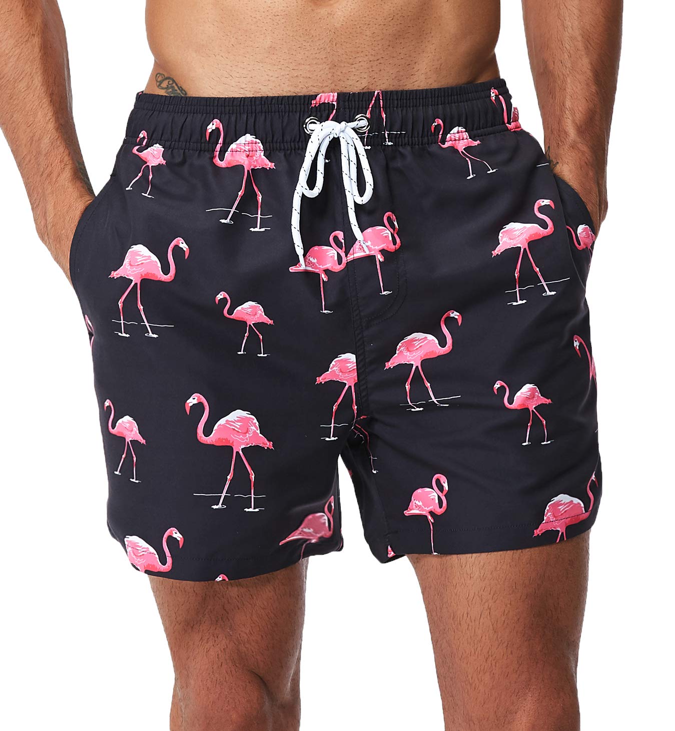 SILKWORLD Men's Swim Trunks Quick Dry Shorts with Pockets (New Printed_Trunks: Pink Flamingo,Large)
