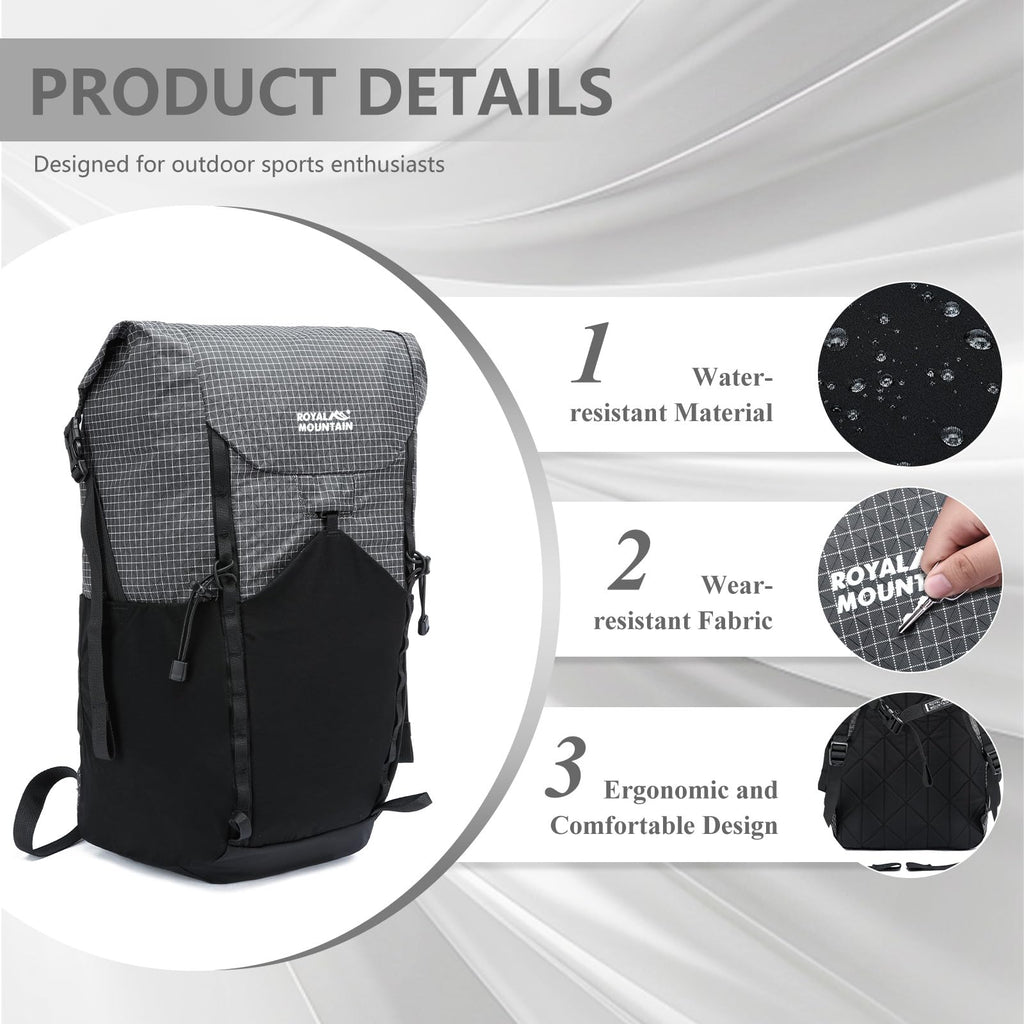 ROYAL MOUNTAIN 20l Hiking Backpack For Women&Men, Water Resistant Daypack Backpacks, Foldable & Packable Hiking Backpack, Lightweight Small Daypack For Travel Camping (Grey)