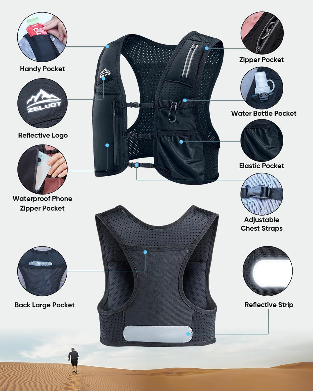 Skiennix Running Vest - Adjustable Hydration Backpack with 500ml Flask & Phone Holder | Lightweight & Reflective
