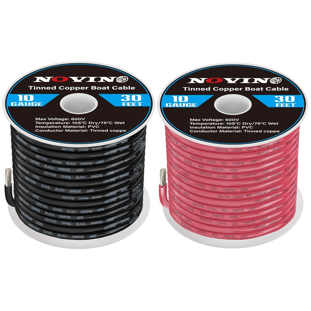 10 Gauge Marine Wire - 10 AWG Tinned Copper Electrical Cable for Boats | 30FT Red & 30FT Black
