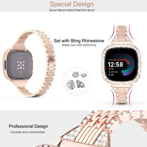 MOFREE Compatible for Fitbit Versa 4 Bands/Fitbit Sense 2 Bands Women with Hard Bling Bumper Protective Case Cover, Dressy Jewelry Diamond Rhinestone Metal Wristband for Fitbit Versa 4/Sense 2 (Rose