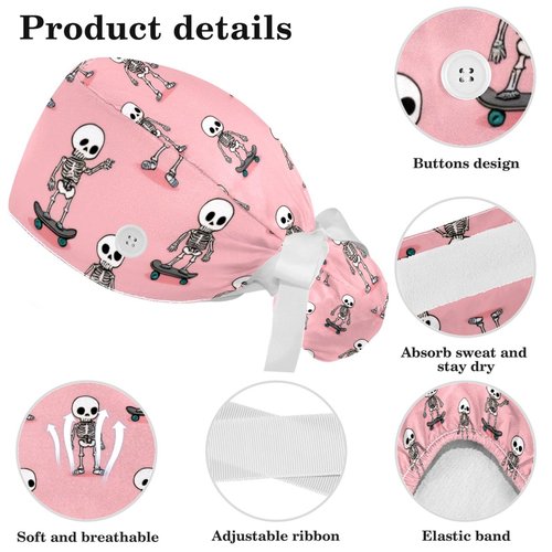 Surgical Cap Bouffant Working Cap for Women, Skeleton Pink Pattern Scrub Caps Nurse Hat with Button Sweatband