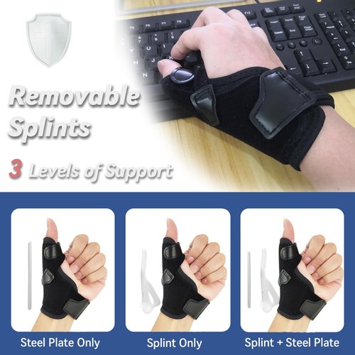 Hamshine New Upgraded 2 in 1 Thumb Brace, Removable Thumb Spica Splint Left Right Hand with 3 Level Stability, Reversible Thumb Support for CMC, De Quervain's Tendonitis, Trigger Thumb, Medium (Black)