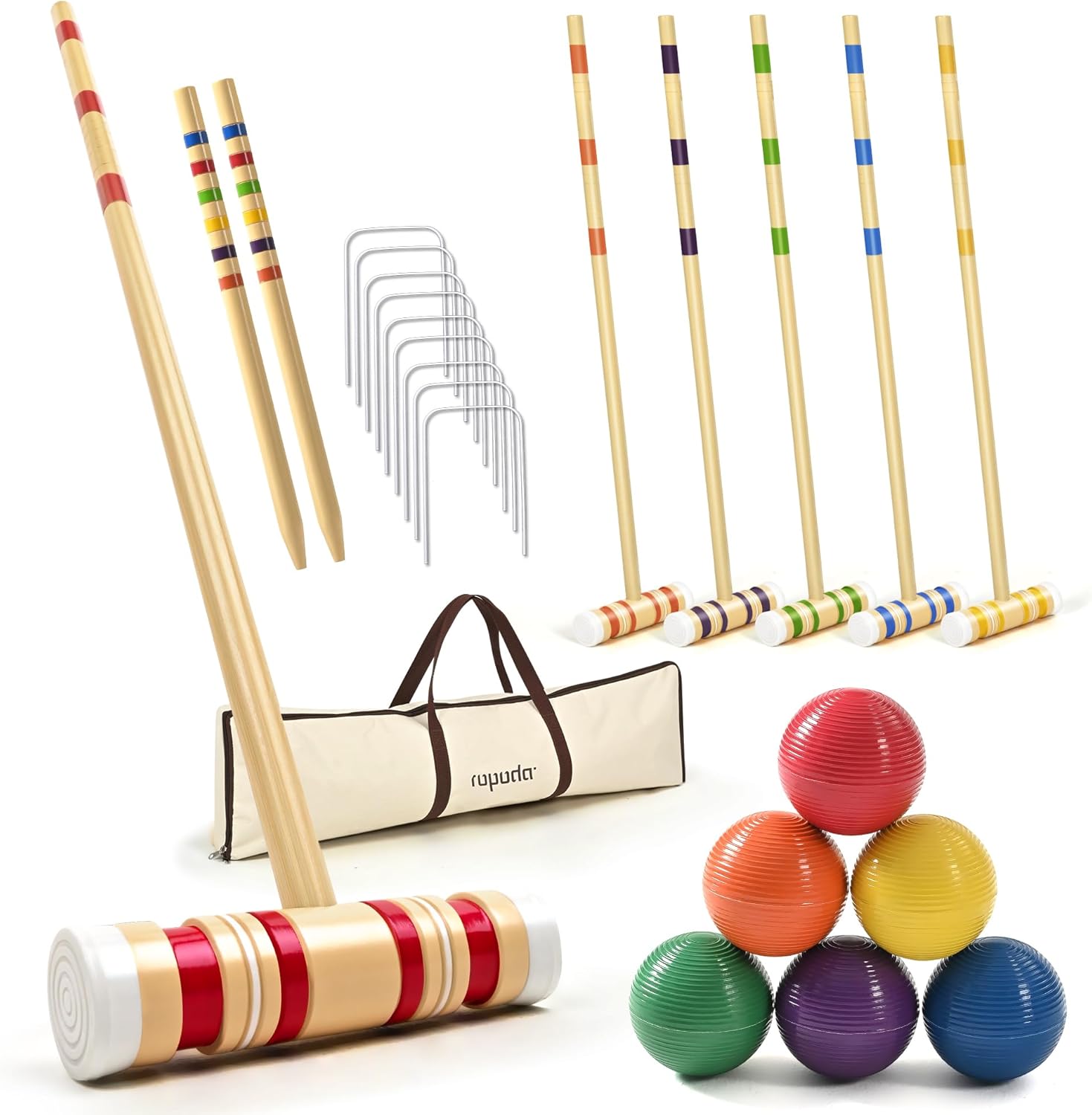 Ropoda 35-Inch Croquet Set - Updated Six-Player Design with Wooden Mallets & Colorful Balls | Ideal for Lawn, Backyard & Park Fun