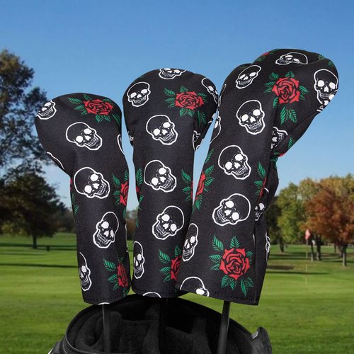 Barudan Golf Club Covers, 3pcs Golf Club Head Covers for Driver, Woods and Hybrids, Rose and Skeleton Driver Fairway Rescue Headcovers Set, Designed to Fit All Brand Golf Clubs