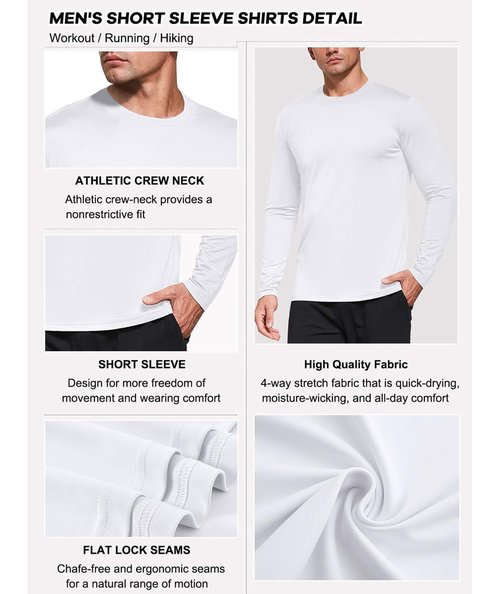 5 Pack White Long Sleeve Shirt Men, Moisture Wicking Dry Fit Tshirts Shirts for Men, UPF 50+ Sun Protection Workout Shirts White-5P02-L