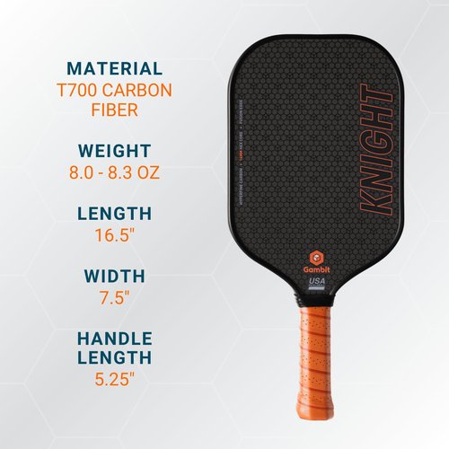 Gambit Knight Pickleball Paddle – USA Pickleball Approved – T700 Raw Carbon Fiber, 16 mm Thermoformed Unibody, Foam-Injected Edge – High Spin & Control – Adjustable Weight Kit + Neoprene Cover