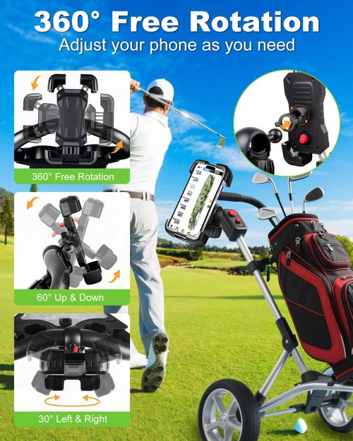 Golf Push Cart Phone Holder Silicone Protection 360° Rotatable Phone Mount Compatible with Clicgear, Sun Mountain, Caddytek, Rovic, Caddy, Bag Boy, Golf Push Cart Accessories for Cell Phones