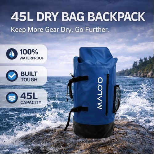 Malo’o 45L Waterproof Dry Bag Backpack - Heavy Duty Roll Top for Fishing, Beach & Outdoor Adventures