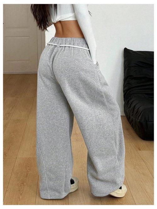 BEAUDRM Women's Baggy Barrel Sweatpants Stacked Elastic Waist Wide Leg Sweat Track Pants Lantern Trouser with Pockets Light Grey Large