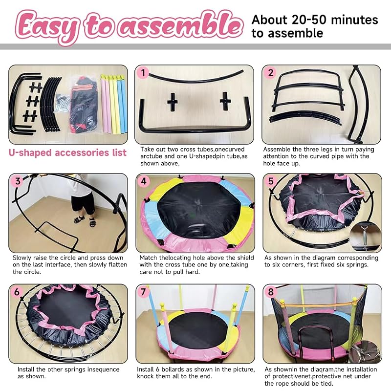 LASTJUMPER Mini Toddler Trampoline 2-10 Years with Safety Enclosure & Basketball, Blue+Yellow+Pink