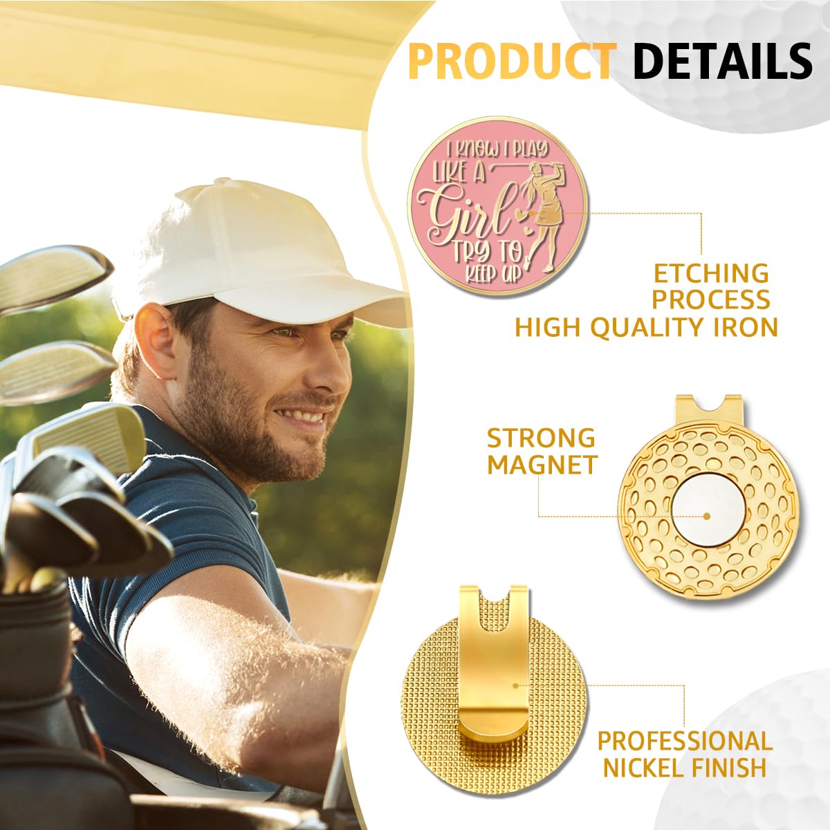 rofiowa I Know I Play Like A Girl Pink Gold Golf Ball Marker with Hat Clip, Funny Golf Accessories for Women, Christmas Mother's Day Birthday Gifts for Golf Fan Golfer, Novelty Golf Gifts(OBJ002)