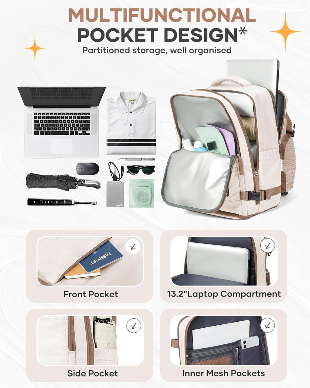 Skiennix Travel Backpack - Flight Approved Carry-On Bag for Airlines | Large Beige & Brown Design