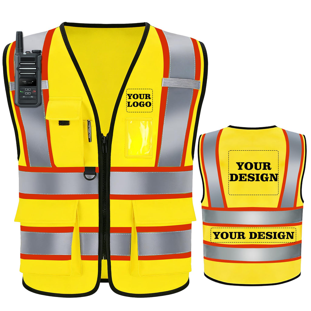 Custom Safety Vest with Logo, High Visibility Reflective Vest with Pockets and Zipper for Men Women, Personalized Construction Safety Vest Work,Warehouse,Surveyor, Crossing Guard,Road,Runner（Yellow）