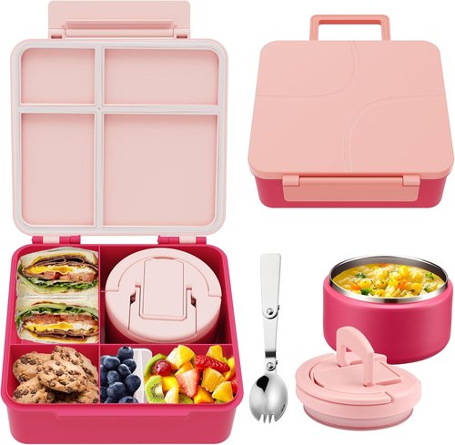 MAXSO Bento Lunch Box Set - Leakproof 4-Compartment Hot Food Container with 8 oz Soup Thermo - Pink
