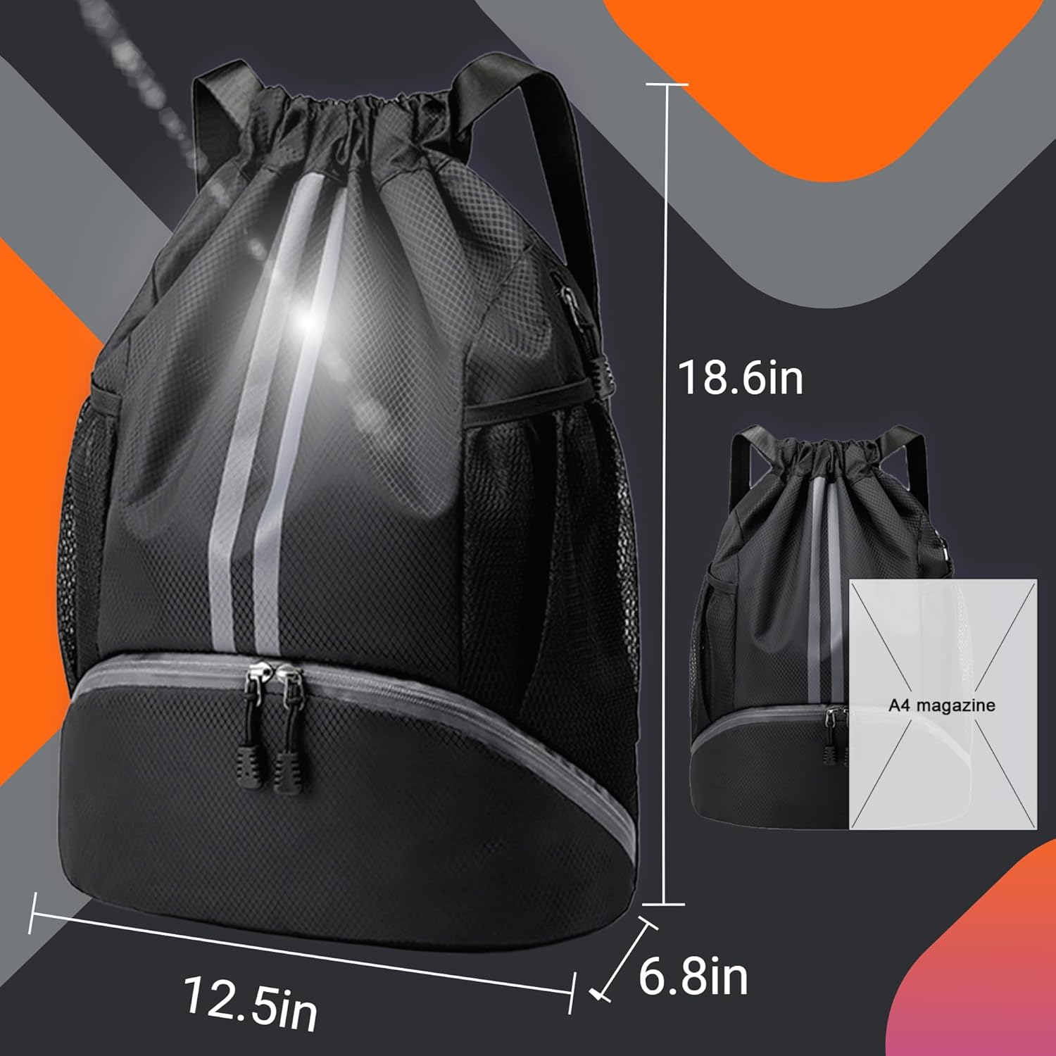 Skiennix Waterproof Drawstring Backpack - Unisex Gym Bag with Wet/Dry Separation | Black, One Size