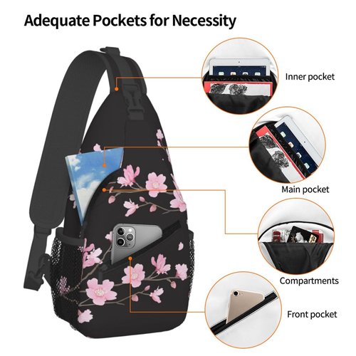 SURERUIM Cherry Blossom Sling Bag Abstract Japanese Pink Flowers and Petals on Branch Crossbody Backpack Cute Floral Print Chest Shoulder Bag Casual Sports Travel Hiking Daypack for Women Men