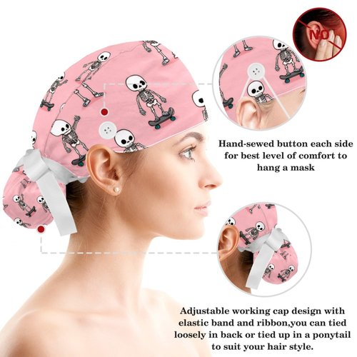 Surgical Cap Bouffant Working Cap for Women, Skeleton Pink Pattern Scrub Caps Nurse Hat with Button Sweatband