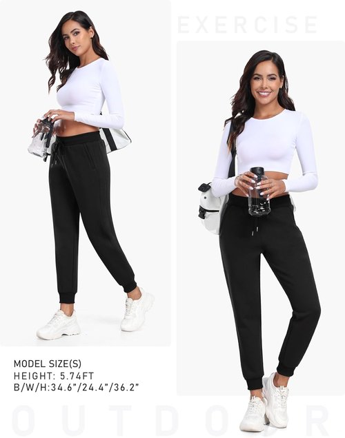 MoFiz Women's Thermal Fleece Lined Joggers - Water Resistant Winter Sweatpants | Black, Size L