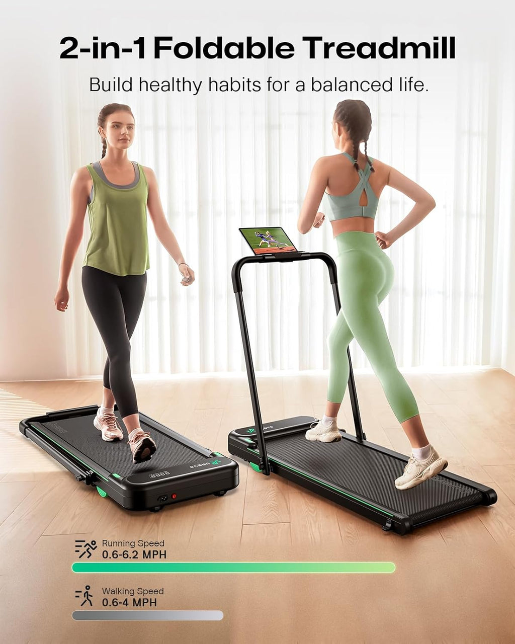 UREVO Smart 2-in-1 Folding Treadmill - Compact Walking Pad with Safety Handle & Dual LED Display