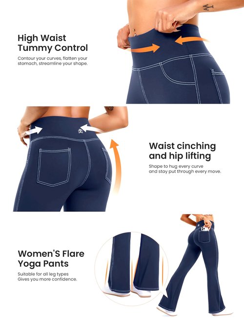 DemonQueen Women's Flare Yoga Pants，High Waisted Tummy Control Fitness Yoga Pants，Bootcut Pants for Women (US, Alpha, X-Large, Regular, Regular, Navy-Blue-White Line)