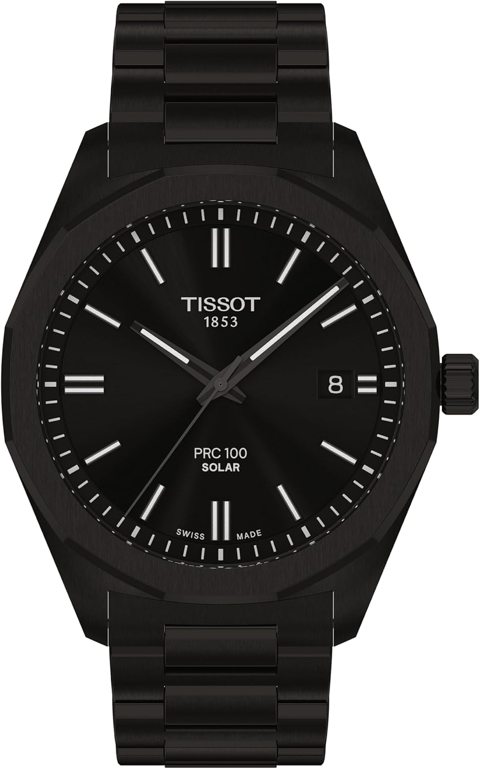 Tissot PRC 100 Solar Watch for Men - Black PVD Dial, 39mm, Stainless Steel Bracelet, Solar Quartz Movement