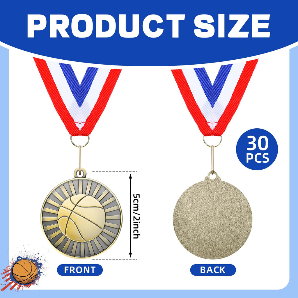 Huquary 30 Pcs Basketball Medals Bulk 2'' Gold Medal for Awards Team Participation Trophy with Neck Ribbons Tournament Medals for Kids Adults Sports Themed Party Favors Award Prize Gift