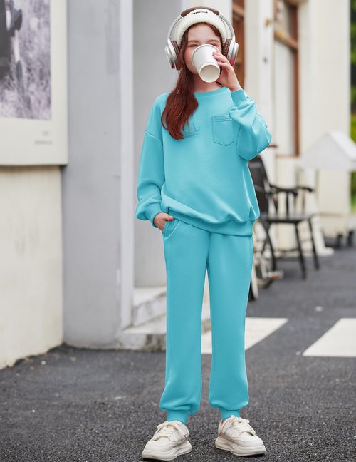 Arshiner Girls 2 Piece Outfits Sweatsuit Sets Oversized Sweatshirt Sweatpant Fall Clothes with Pockets Light Blue 9-10 Years