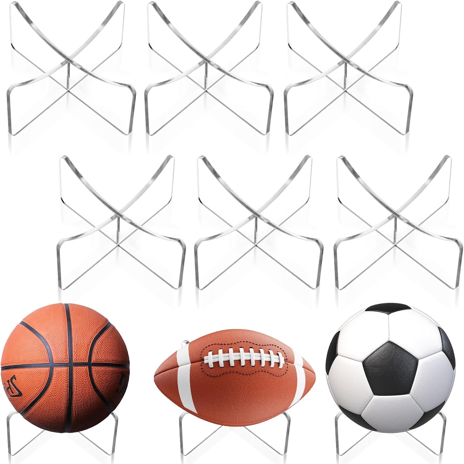 Skiennix Basketball Display Stand - 6 Pcs Clear Acrylic Holder for Soccer, Volleyball & Rugby Balls