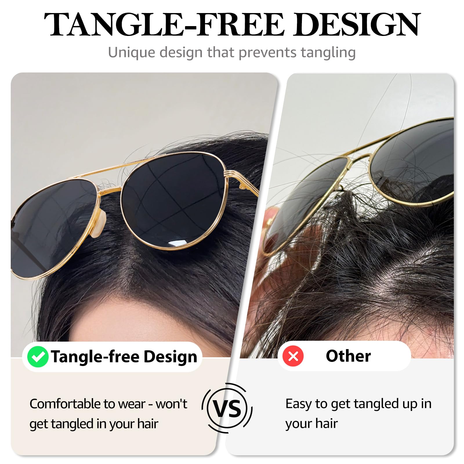 TJUTR Tangle Free Aviator Sunglasses for Women & Men, Polarized UV Protection Trendy Shades, No-Snag Metal Frame Glasses