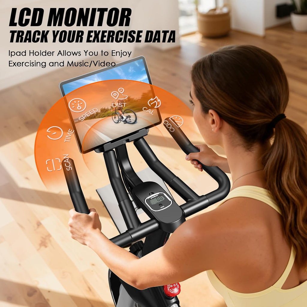 POOBOO Magnetic Exercise Bike - Quiet Indoor Cycling Bike with LCD Monitor & 350lbs Capacity | Adjustable Resistance for Home Gym Fitness