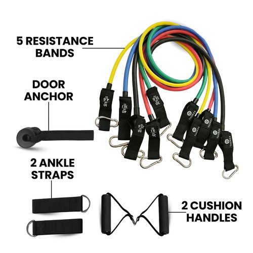 THORZA 11-Piece Full Body Strength Training with Resistance Bands Set - 5 Levels Tube Exercise Bands, Without Latex TPE Resistance Band - Door Anchor, Handles, Ankle Straps & 1 Bag