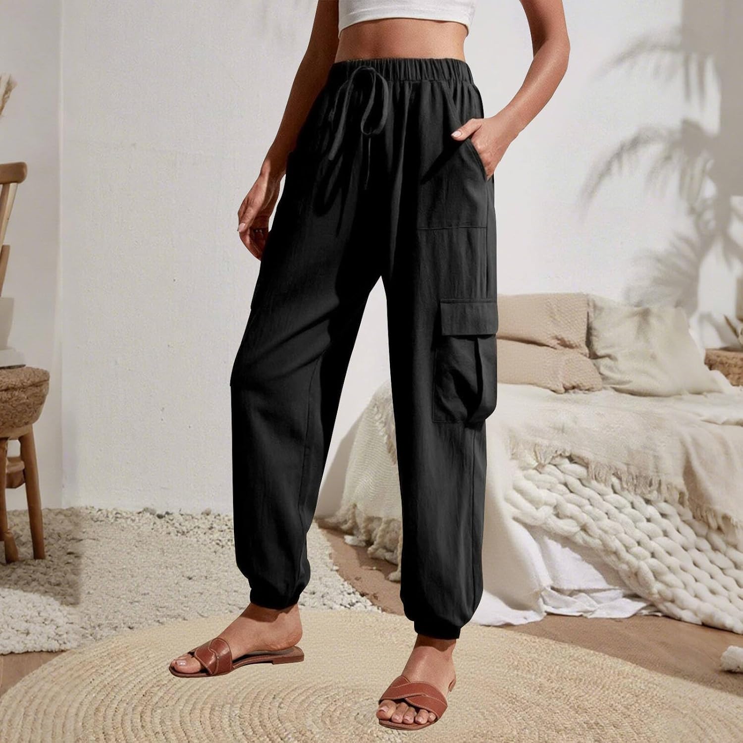 Skiennix High Waisted Jogger Pants - Loose Tapered Cargo Style with Pockets & Drawstring | Women's Sweatpants